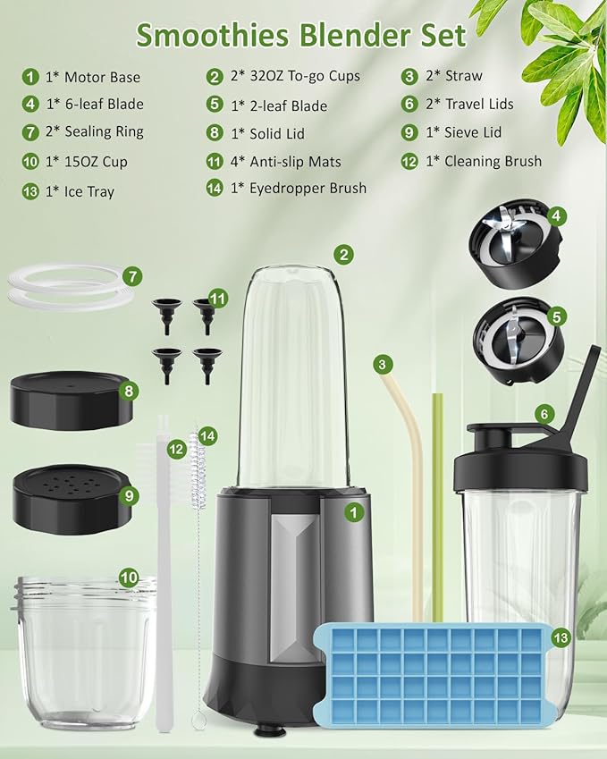 Smoothie Blender, 1300 W Upgraded Compact Personal Blender for Shakes and Smoothies, Juice, Frozen Drinks, Sauces & More, Smoothies Maker with 2 * 32 Oz To-Go Cups, 2*Spout-Lids