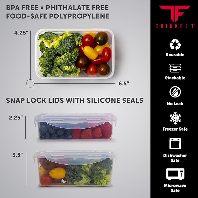 ThinkFit Large Black Meal Prep Lunch Bag, 8 Portion Control Containers, Pill Dispenser, Shaker Cup & 2 XL Reusable Ice Packs