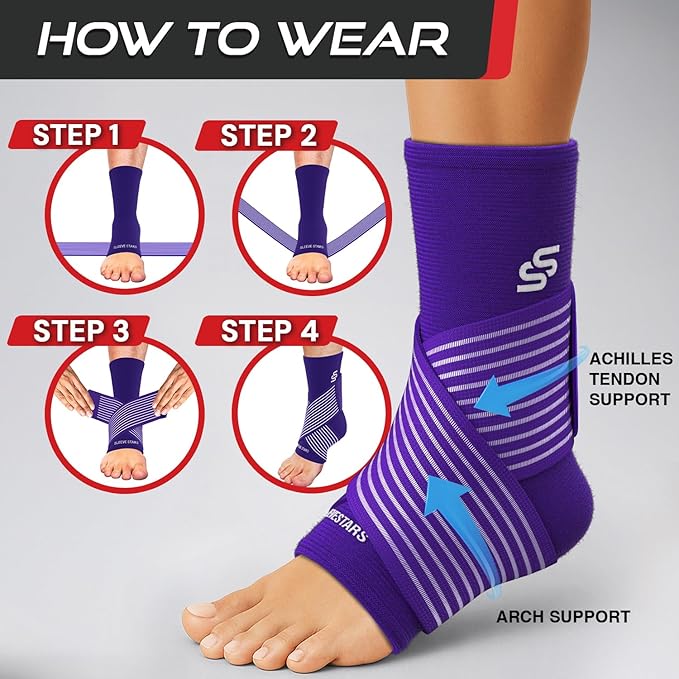 Sleeve Stars Ankle Brace for Women & Men, Ankle Wrap for Sprained Ankle, Compression Sleeve for Plantar Fasciitis Relief, Easy Customizable Support: w/Removable Strap (Single/L:12"-13"/Dark Purple)