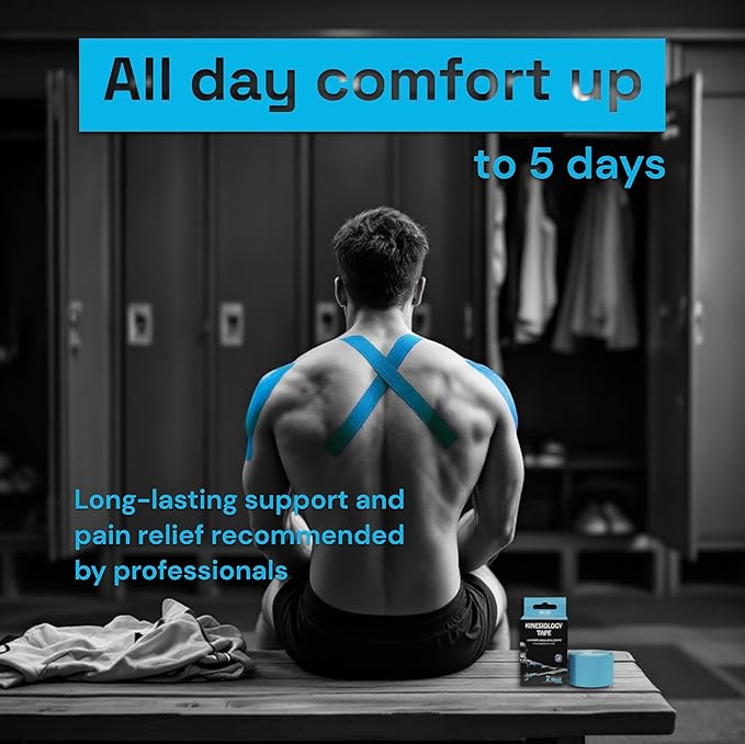 JLB Kinesiology Tape – 2 Rolls (16ft Each) – Strong Adhesion, Waterproof & Sweatproof – Latex-Free Sports Tape for Pain Relief, Muscle Support & Recovery – Physical Therapy & Athletic Tape (Blue)