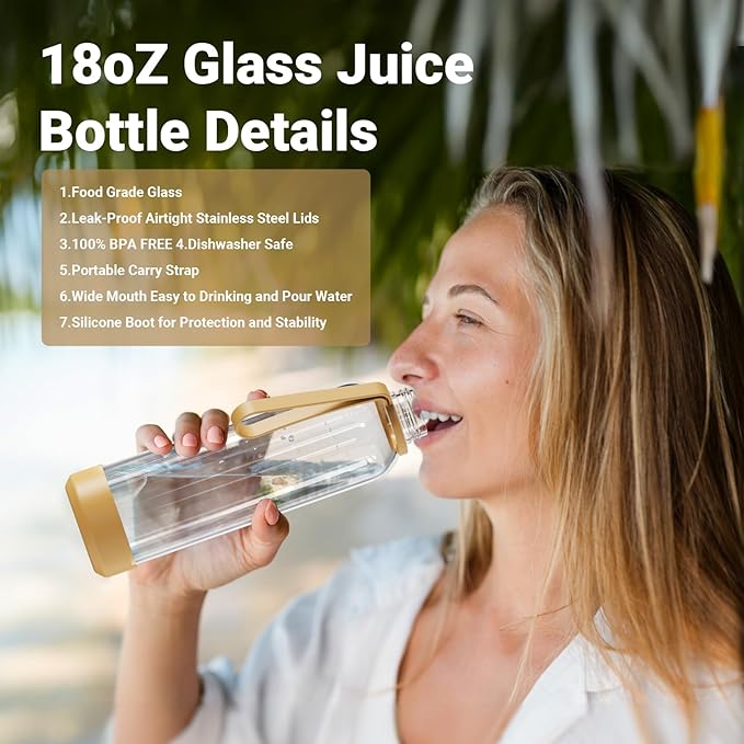 Sursip 18 oz Glass Water Bottles with Lids, Juice Bottles, Clear glass juice bottle for juicing, Eco-Friendly Reusable Glass Juicing Bottles with Stainless Steel Lid, BPA Free,Leak-Proof, Set of 6