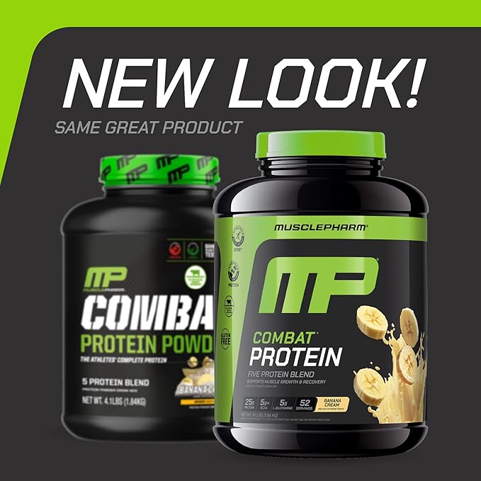 MusclePharm Combat Protein Powder, Banana Cream Flavor, Fuels Muscles for Productive Workouts, 5 Protein Sources including Whey Protein Isolate & Egg Albumin, Gluten Free, 4 lb, 52 Servings