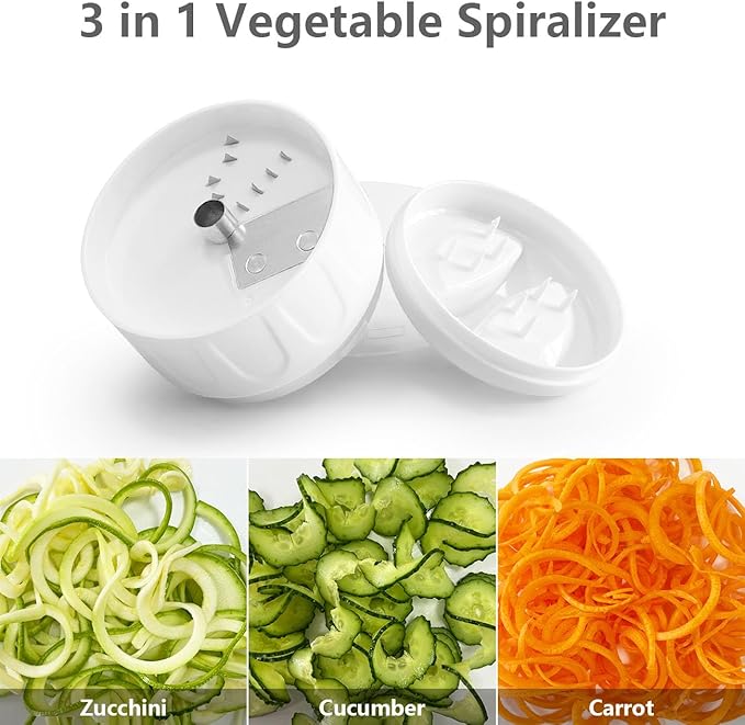 3 in 1 Vegetable Spiralizer Slicer, Adjustable Zucchini Carrot Noodle Maker, Cucumber Spiral Cutter, Easy to Use Kitchen Tool(White)