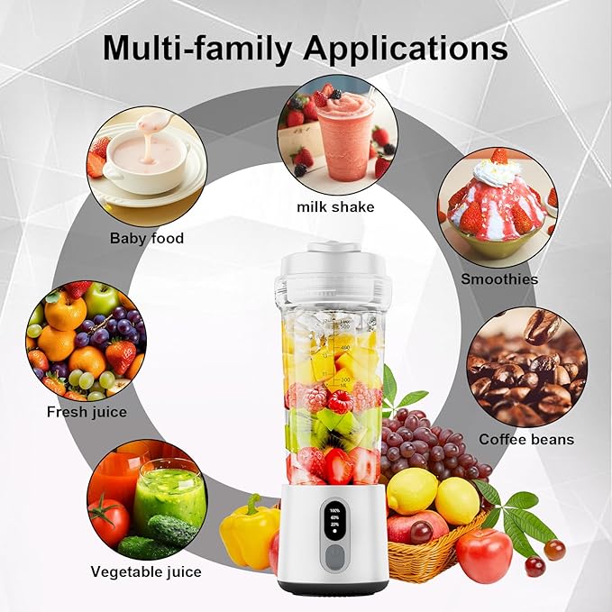 Portable Blender for Smoothies and Shakes, 2 Portable Blender Cups, 17 &10 oz Cordless Personal Small Blender with Straw Brush&Lid, USB-C Rechargeable, Quiet Mini Travel Blender, White