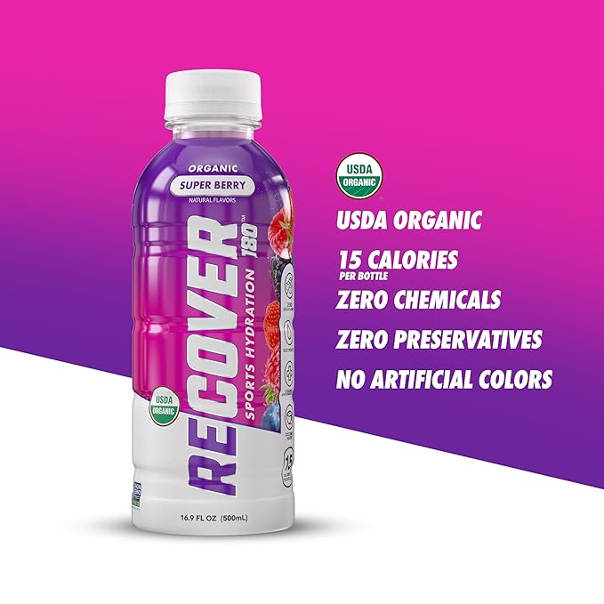 RECOVER 180 Organic Sports Hydration Drink, No Sugar Added, 20 Calorie Sports Beverage, Organic Flavors With Vitamins, Potassium-Packed Electrolytes (16.9 Fl Oz (Pack of 12), Super Berry)