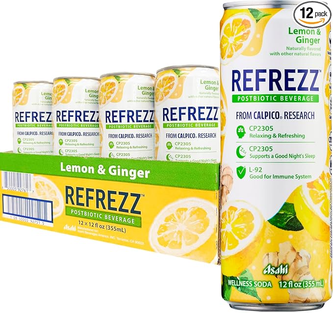 REFREZZ Postbiotic Beverage, Lemon & Ginger, Relaxing and Refreshing, Supports a Good Night's Sleep, Good for Immune System, Gluten Free, Non‑GMO, 35Calories, 12oz (12Cans)