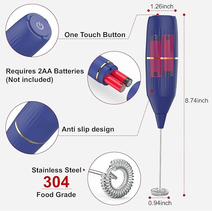 Handheld Milk Frother 14,000 RPM Drink Mixer Wand with Stand & Stirring Spoon Quiet One-Button Operation, Non-Slip Handle, Detachable Whisk Head for Coffee, Lattes, Cappuccinos, Matcha (Blue)