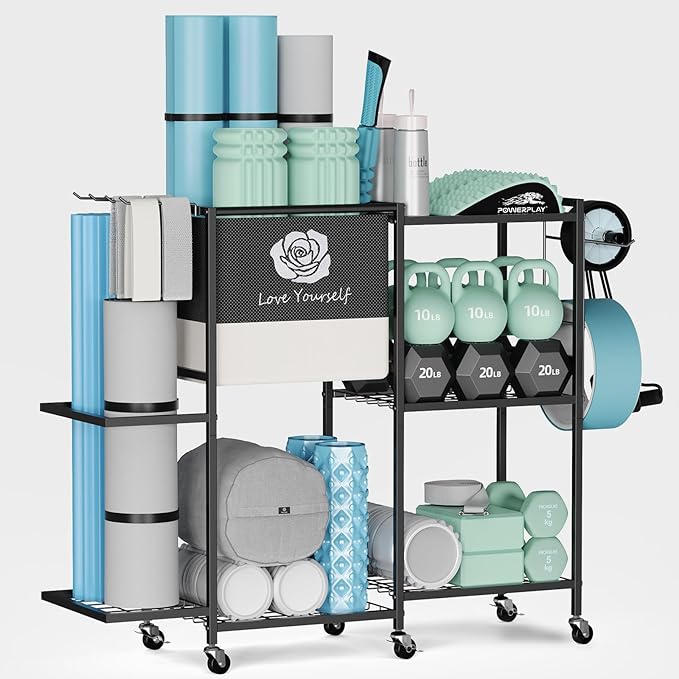 Yoga Mat Storage Rack,Home Gym Storage Rack Gym Workout Equipment Storage Organizer Fitness Weight Rack on Wheels for Yoga Mat,Yoga Block,Foam Roller,Resistance Band,Dumbbell,Kettlebell and Other Workout Accessories