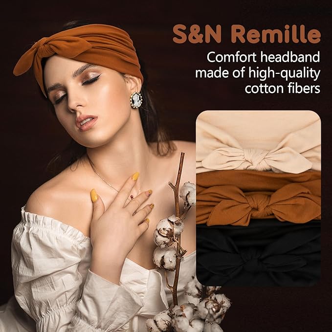 S&N Remille Wide Headbands for Women, Large Hairband, Elastic Non-Slip Headband Twist Knotted Accessories, Yoga Workout Vintage Hair 3 Pack (Multi-colored-5)