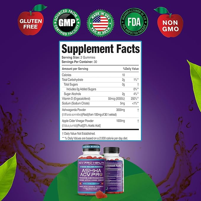 Ashwa ACV Pro Health - Sugar Free Apple Cider Vinegar Gummies, Ashwagandha Gummies, Advanced Keto ACV Gummies, Ashwagandha Supplements with Vitamin D, Stress Relief Supplement,1g Carbs Per Gummy Golo