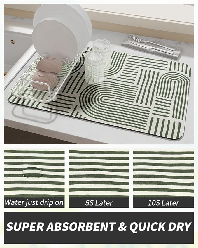 AMOAMI Coffee Mat Hide Stain Rubber Backed Absorbent Dish Drying Mat for Kitchen Counter - Fits Under Coffee Maker & Dish Rack - Green Line 12x19