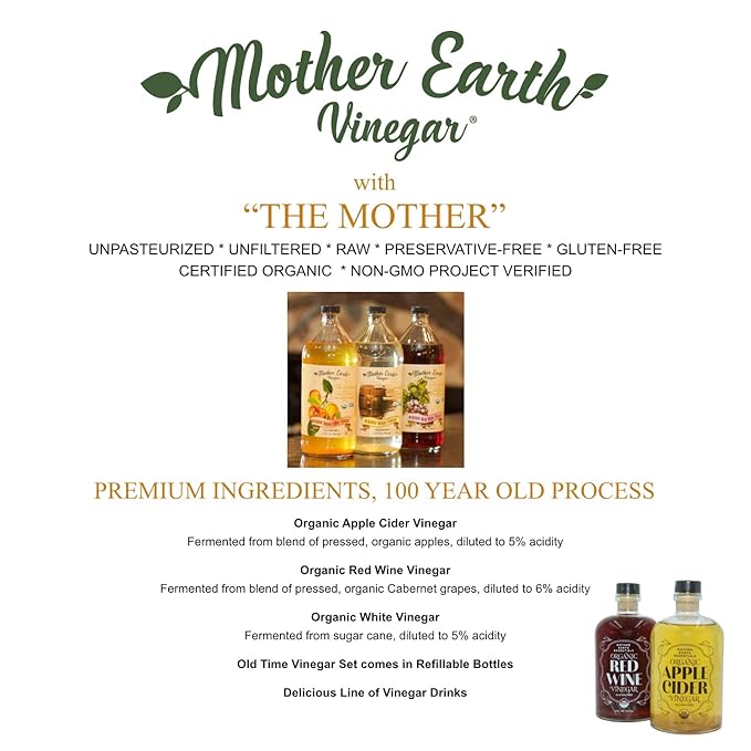 Mother Earth, Organic Red Wine Vinegar with The Mother, Fresh Pressed Organic Cabernet Grapes, ORWV, RWV, Raw, Unpasteurized, Unfiltered (1/14oz Apothecary Glass Bottle with Pour Spout)