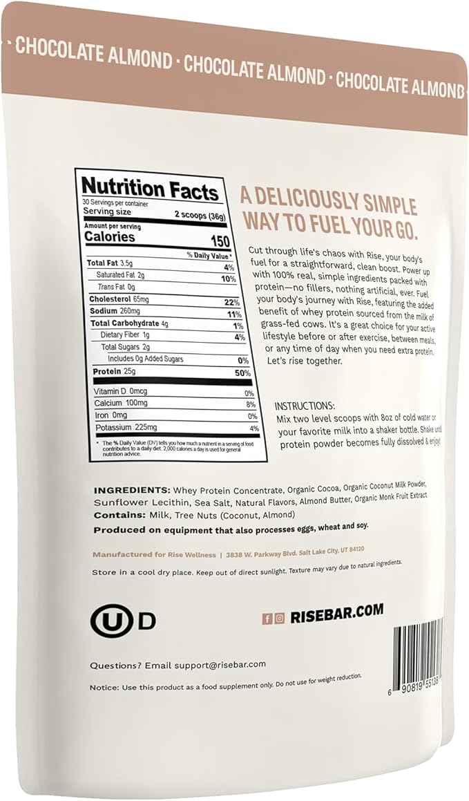 Rise Grass-Fed Whey Protein Powder - Chocolate Almond | 25g Protein No Artificial Flavors, Colors, or Preservatives - Sugar Free, Gluten-Free, Soy Free (2.4 lbs)
