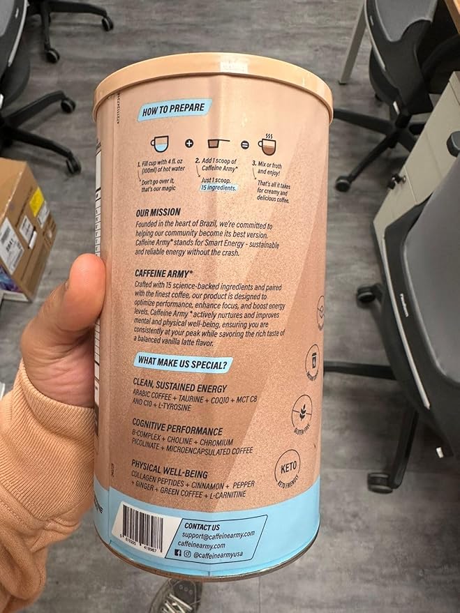 CAFFEINE ARMY Vanilla Latte | Comprehensive Functional Coffee with MCTs, CoQ10, Collagen and Adaptogens: Clean Energy + Supports Daily Attention, No Jitters or Crash (7.8 oz 22 Servings)