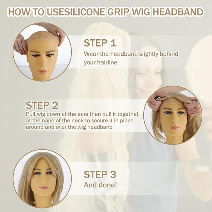 3 Pieces Silicone Wig Grip Band, Seamless Non-slip Elastic Headband Adjustable Wig Headband Sweat-Proof Hold For Men Women Sports Yoga Hair Styling (Black White Skin Color)