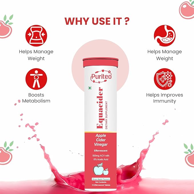 PURITEO-EQUACIDER Apple Cider Vinegar Effervescent Tablets with The Mother, Vegan, No Added Sugar, Non-GMO & Gluten-Free Tablet - (15 Tablets Each, Pack of 2)