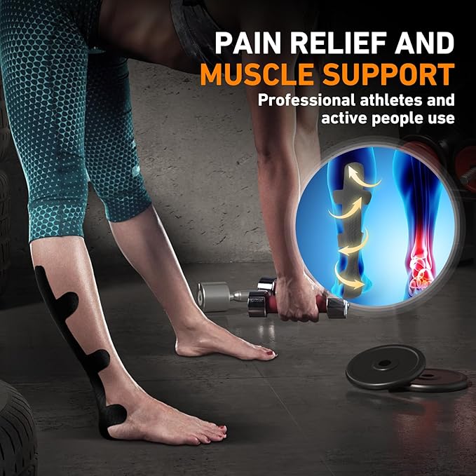 Kinesiology Tape for Achilles Tendon, KTQUICK 12 Count Achilles Tendon Tape Precut, Original Cotton Waterproof&Breathable, Enhance Elastic Kinesiology Athletic Tape for Achilles&Muscle Support(Black)