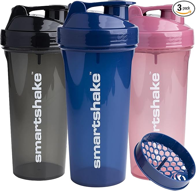 Smartshake Glossy 3-Pack Lite Protein Shaker Bottle 800 ml | 27 oz - Leakproof Screw-on Lid - BPA Free – Unisex - (Black, Deep Rose, Navy Blue)