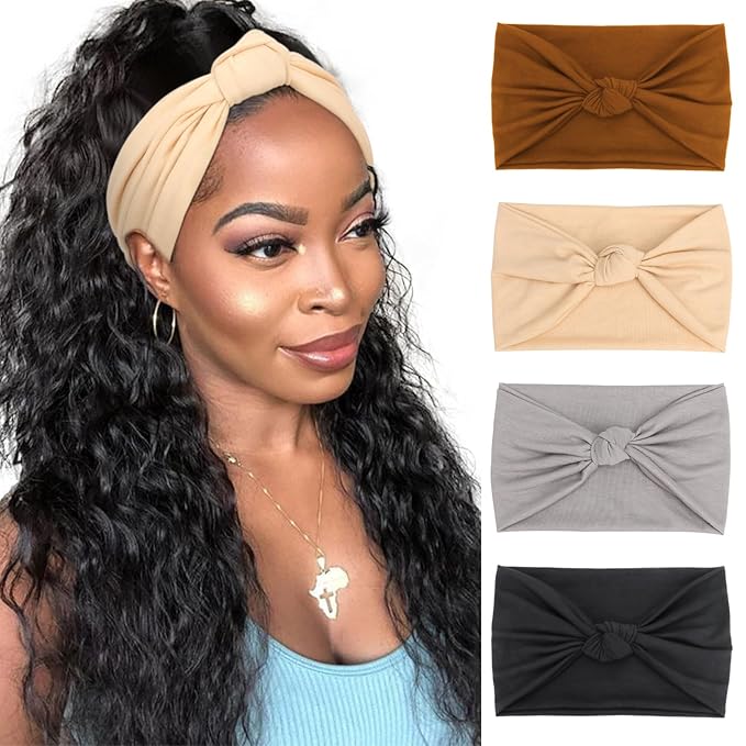 DRESHOW 4 Pack Turban Headbands for Women Wide Vintage Head Wraps Knotted Cute Hair Band Accessories