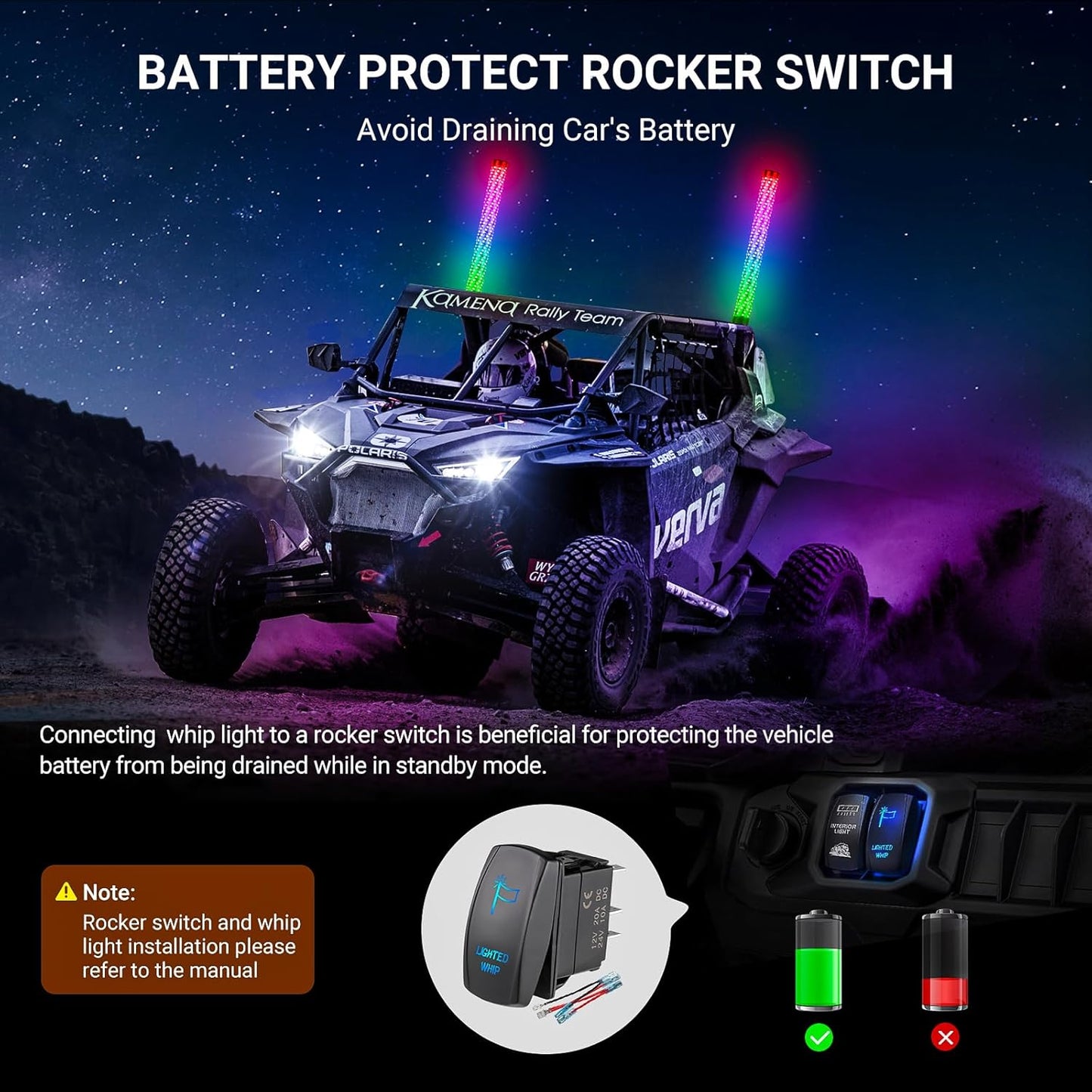 2PCS 1FT Fat Whip Lights for UTV ATV with Spring Base, Led Fatty Whip Light W/Rocker Switch & 6 Flags, Brighter Spiral Chasing Lighted Antenna Whip with APP & Remote Control for RZR SXS Can-Am