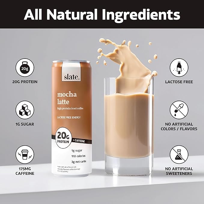 Slate Milk - High Protein Iced Coffee - Mocha Latte - 175mg Caffeine, Lactose Free Energy - 20g Protein, 1g Sugar, 110 Calories, 3g Net Carbs, No Sugar Added - Protein Coffee - 11 fl oz, 24 Cans