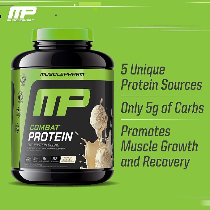 MusclePharm Combat Protein Powder, Vanilla Flavor, Fuels Muscles for Productive Workouts, 5 Protein Sources including Whey Protein Isolate & Egg Albumin, Gluten Free, 4 lb, 52 Servings