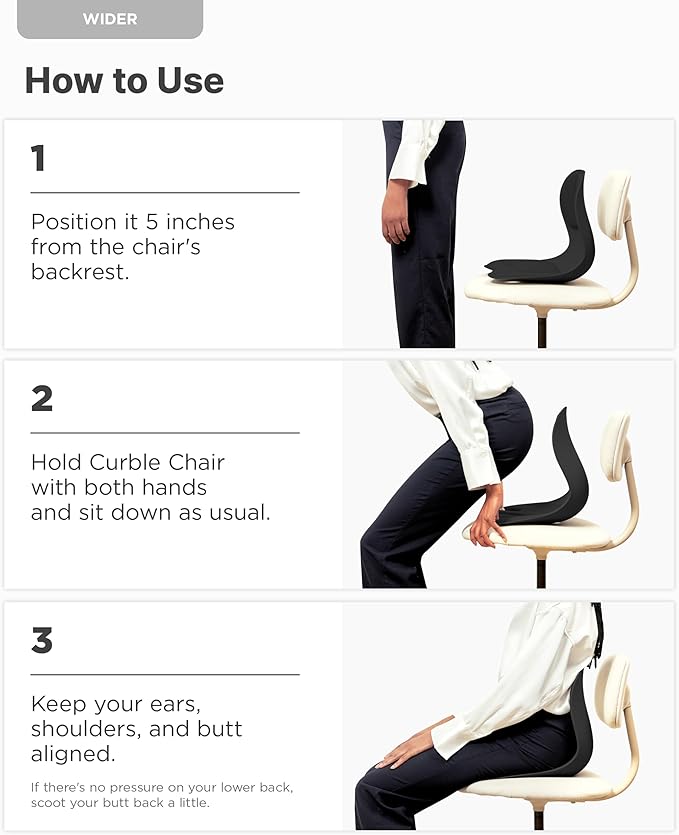 Curble Wider(Standard Wide) – Ergonomic Lower Back Support, Lumbar Support Back Posture Corrector for Low Back Pain Relief, Perfect for Home Office Desk Chair, and Floor Seat, Patented (Black)
