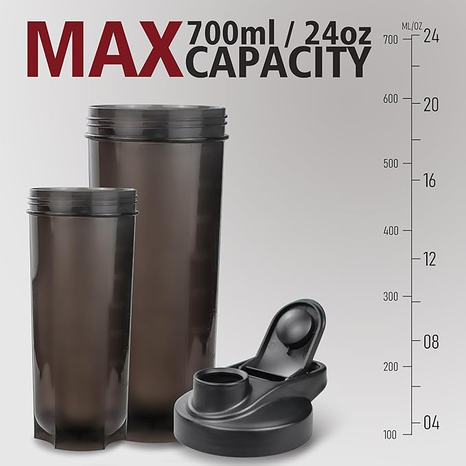 ShakerZoo-6 Pack-Protein Shaker Bottles for Protein Mixes, Shaker Cups for Protein Shakes, 3 pcs 24 ounce and 3 pcs 20 ounce (Black)