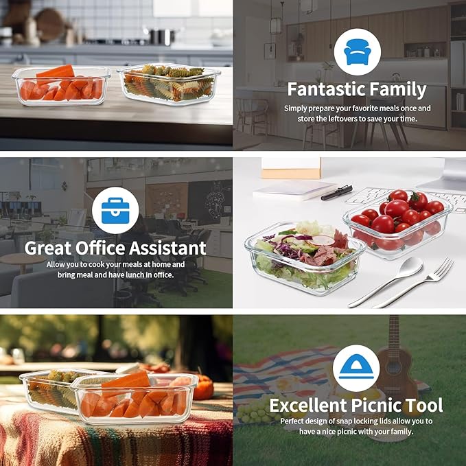 12 Pack 22oz Glass Meal Prep Containers, Food Storage Containers with Lids, Air-Tight, Leak-Resistant, Freezer to Microwave Safe - Grey Set