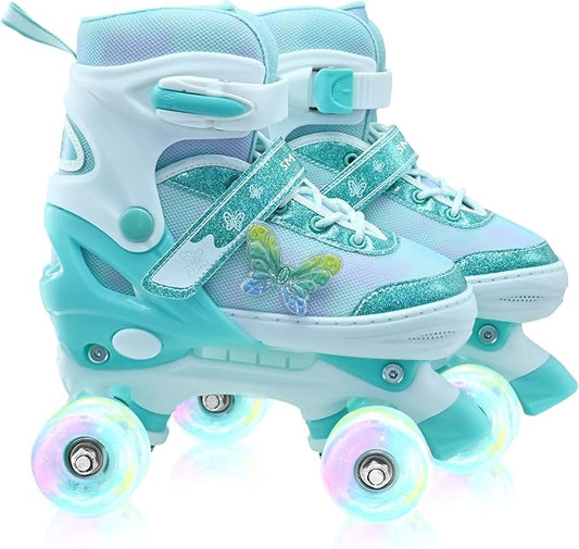 Kids Roller Skates for Girls-Outdoor 4 Size Adjustable Butterfly Quad Rollerskates for Indoor Ages 3-12 Years Beginners Children's Birthday Gift with Light Up Wheels patines para niñas Indoor