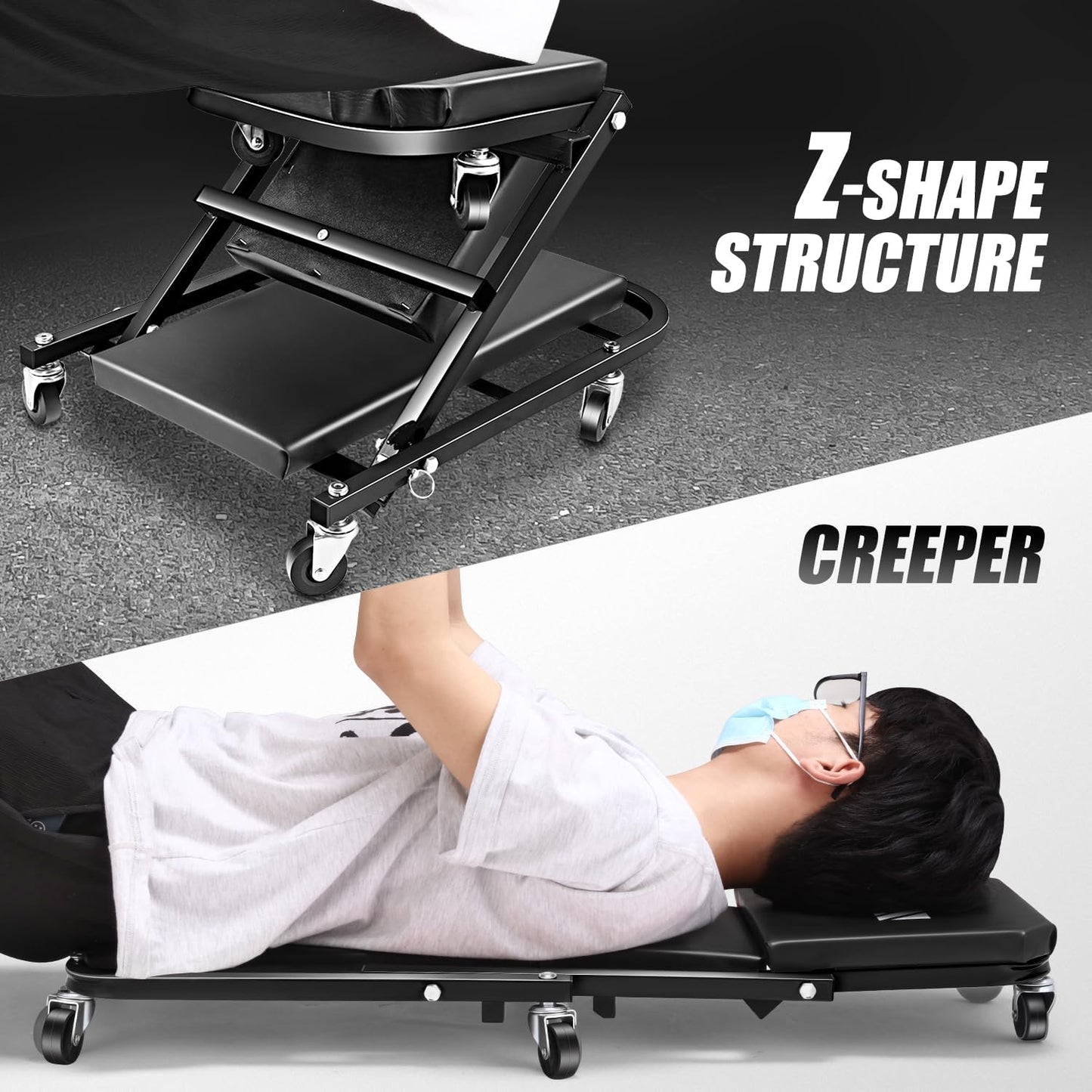 DNA MOTORING 40 Inches Folding 2 in 1 Rolling Z Creeper, Adjustable Roller Garage Chair Lay Down or Sit, 6 Pcs 2" Casters, 150kg Weight Capacity, Black, TOOLS-00494