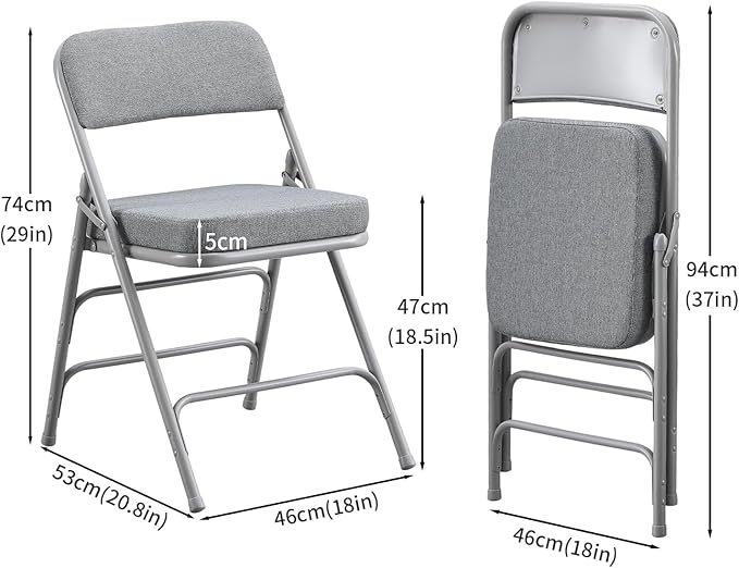 BOOSDEN Padded Folding Chair 2 Pack, Foldable Chair with Fabic Thick Cushion, Heavy Duty Metal Folding Chair for Outdoor & Indoor & Dining & Party, Grey