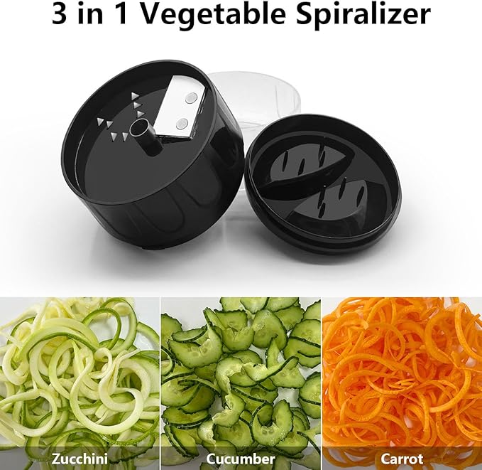 3 in 1 Vegetable Spiralizer Slicer, Adjustable Zucchini Carrot Noodle Maker, Cucumber Spiral Cutter, Easy to Use Kitchen Tool(Black)