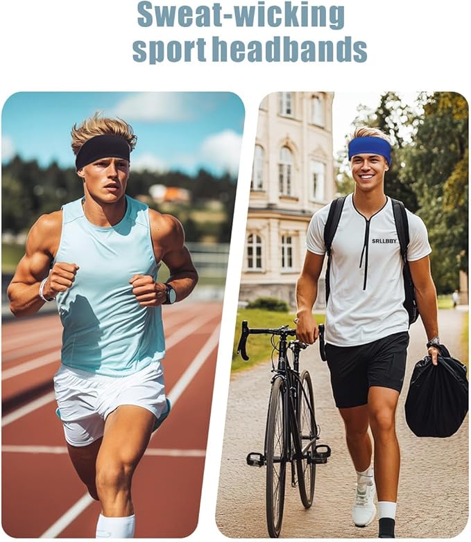 Sport Sweatbands for Men and Womem, 4 Pack, Double-Layer Workout Headbands, Sweat Wicking Hairbands for Fitness Running Football