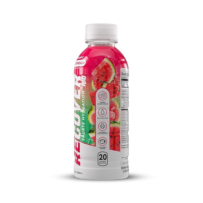 RECOVER 180 Organic Sports Hydration Drink, No Sugar Added, 20 Calorie Sports Beverage, Organic Flavors With Vitamins, Potassium-Packed Electrolytes (16.9 Fl Oz (Pack of 12), Watermelon)