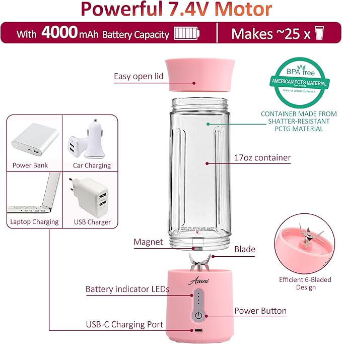 Asani Portable Mini Blender for Shakes and Smoothies, USB Rechargeable, Pink
