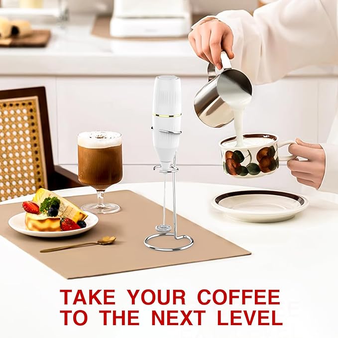 Handheld Milk Frother 14,000 RPM Drink Mixer Wand with Stand & Stirring Spoon Quiet One-Button Operation, Non-Slip Handle, Detachable Whisk Head for Coffee, Lattes, Cappuccinos, Matcha (White)