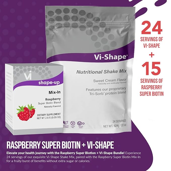 Vi-Shape Raspberry Super Biotin 1 Shake Pouch (24 Servings) + 1 Box Raspberry Mix-in (15 Servings) Delicious ViShape Shake with Strawberry Mix-in