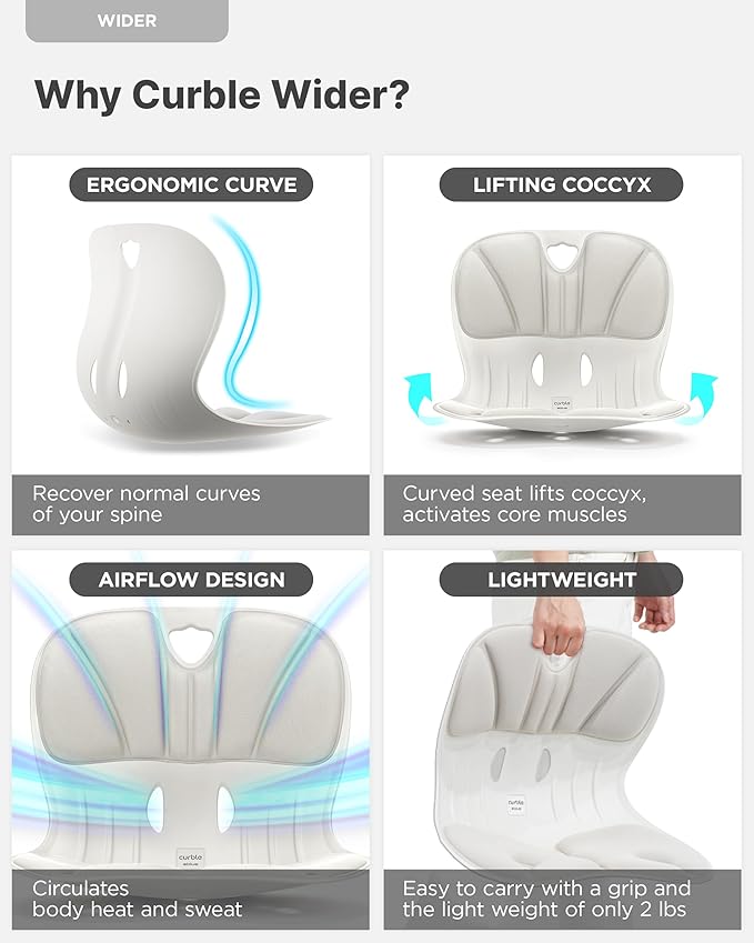 curble Wider(Standard Wide) 2PACK – Ergonomic Lower Back Chair Support, Lumbar Support Back Posture Corrector, Back Pain Relief, Perfect for Office, Floor Seat and Work from Home, Patented (2P Grey)