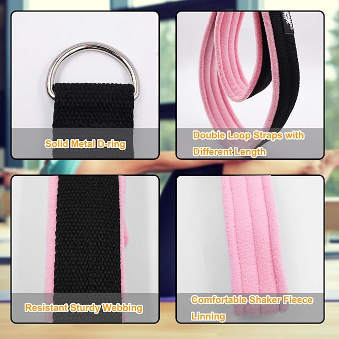 1 Pair Enhanced Pilates Double Loop Straps for Reformer, Thickened D-Ring Handle Straps, Yoga Exercise Accessories in 2 Lengths and Multicolor for Home Gym Workout