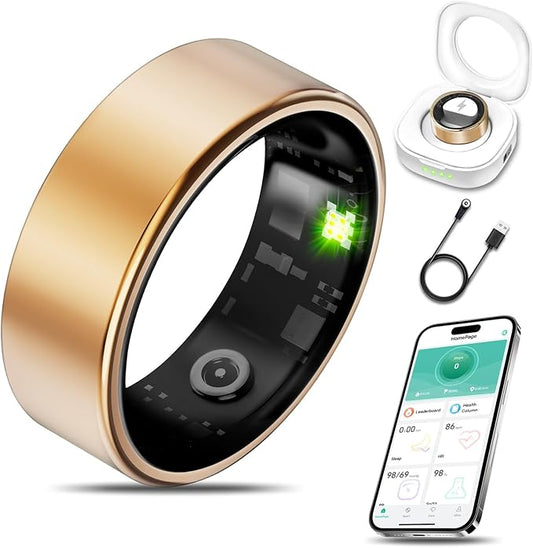 Smart Health Ring for Women Men Fitness Tracker with Heart Rate, Blood Oxygen, Blood Pressure, Sleep Monitoring, Step Counting, IP68 Waterproof for iPhone and Android, No APP Fee, Gold 12
