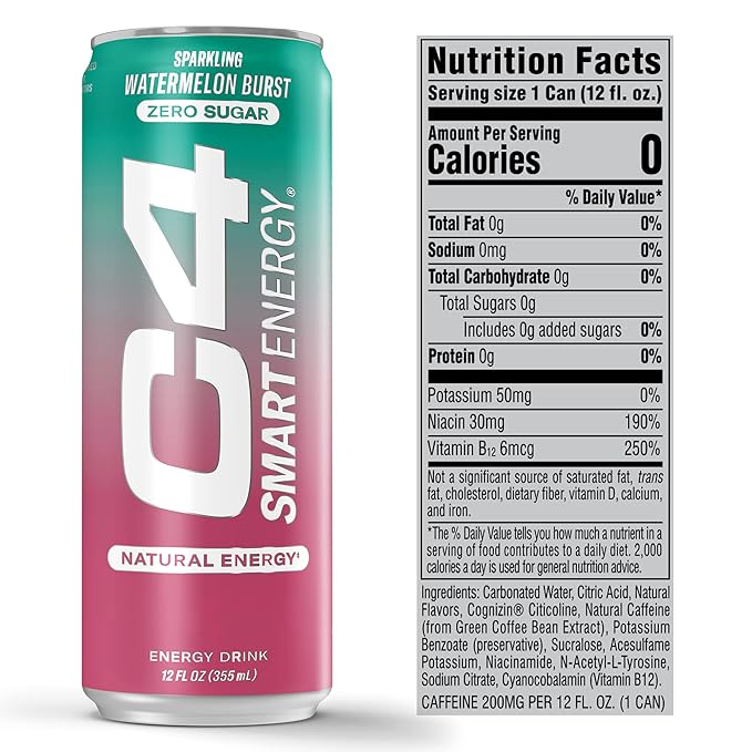 Cellucor C4 Smart Energy Drink ‚ Boost Focus and Energy with Zero Sugar, Natural Energy, and Nootropics - 200mg Caffeine - Watermelon Burst (12oz Pack of 12)