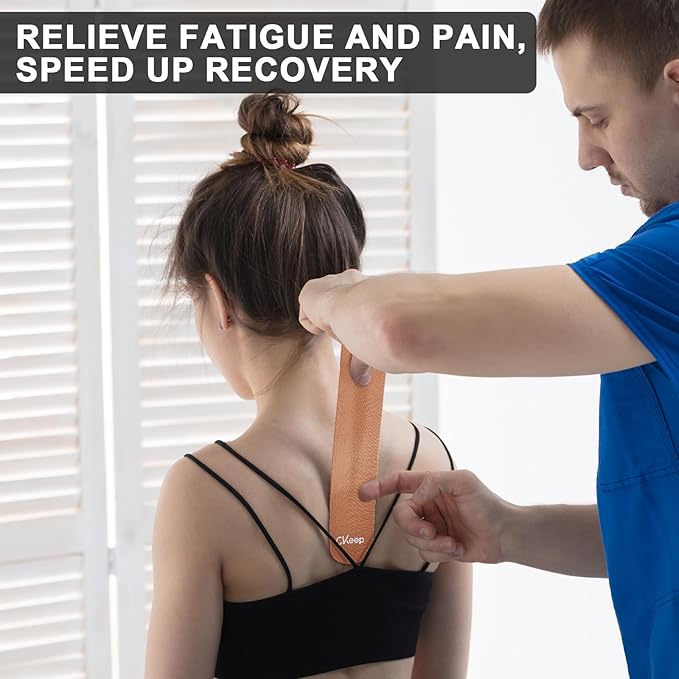 CKeep Kinesiology Tape, 2 Rolls Cotton Latex Free Hypoallergenic Elastic Precut Strips, 2 Inch Wide Waterproof Athletic Tape for Knees Pain Injuries Sprains, Beige