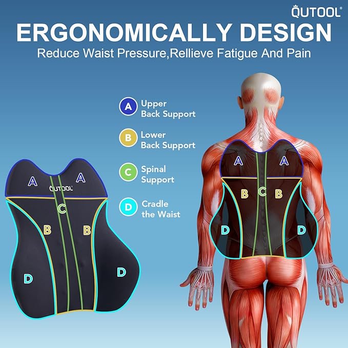 QUTOOL Lumbar Support Pillow for Car/Office Chair, Memory Foam Back Cushion for Car Seat, Back Pain Relief Adjustable Strap and Washable Cover, Lower Back Pillow Fits Most Cars, Trucks (Black)