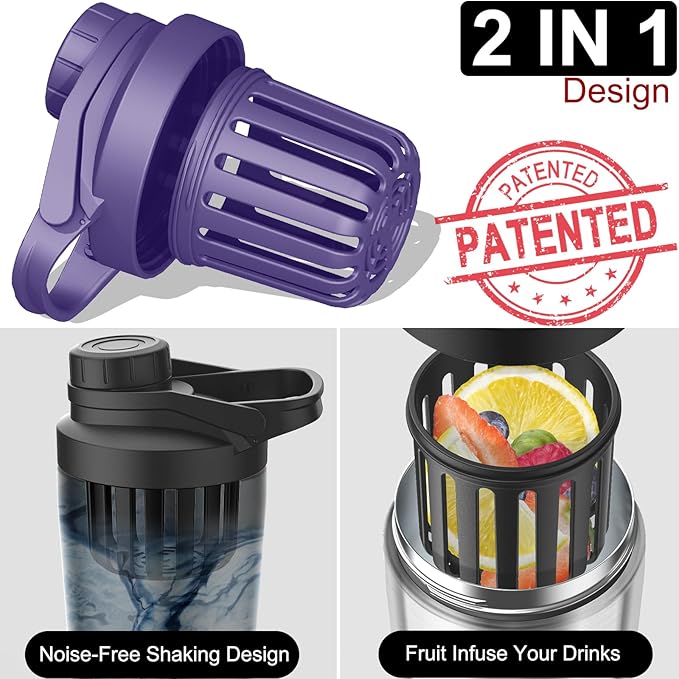 Stainless Steel Shaker Bottle with Noise-Free Design - Patented 24 oz Insulated Metal Shakers Bottles Cup for Protein Mixes and Pre Workout 100% Leak Proof (Aurora)