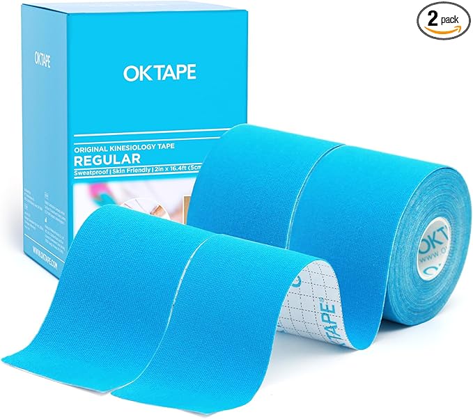 OK TAPE Regular Original Cotton Kinesiology Tape (2 Pack), Elastic Water Resistant Therapeutic Athletic Tape, Latex Free, Injury Recovery, Uncut K Tape 2in×16.4ft - Light Blue