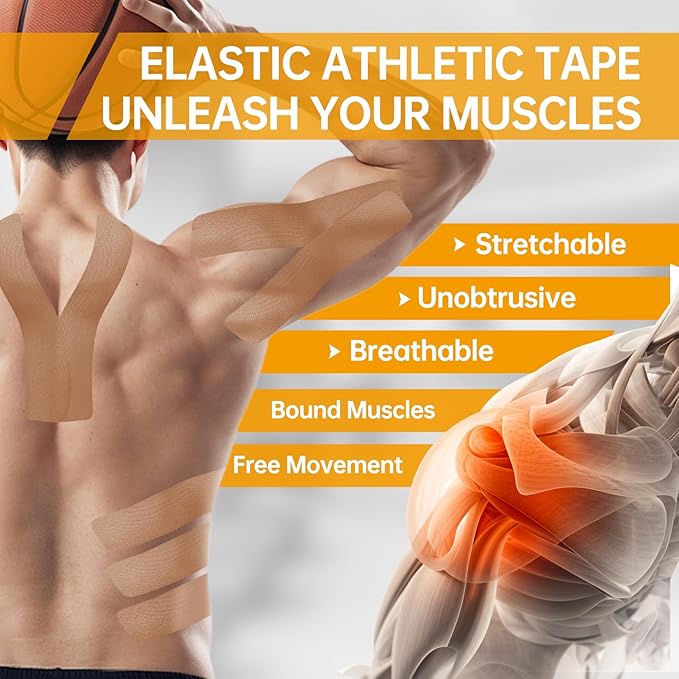 Dimora Kinesiology Tape, 40 Count Precut Strips 2 Rolls, Original Cotton, 10” Elastic Athletic Tape for Muscle Pain Relief and Joint Support, Beige