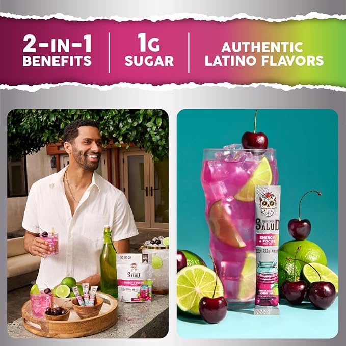 Salud 2-in-1 Energy Drink Powder + Focus, Cherry Lime, Organic Caffeine, B6 + B12, Theanine, Clean Energy Drink Packets, Agua Fresca Mix, Non-GMO, Gluten Free, Vegan, 1g of Sugar, (15 Servings)