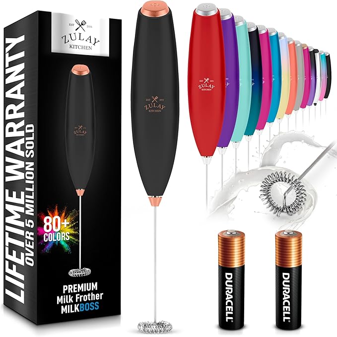 Zulay Kitchen Milk Frother Wand (2 Batteries Included) - Easy-Clean Drink Mixer - Electric Coffee Frother for Frappe, Matcha - Exec Black/Copper