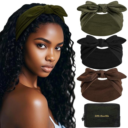 S&N Remille Wide Headbands for Women, Large Hairband, Elastic Non-Slip Headband Twist Knotted Accessories, Yoga Workout Vintage Hair 3 Pack (Multi-colored-3)